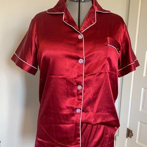 Bright Red Satin Sleeper Set, Red Silk PJs, Summer Pajamans, Silk Shorts, Size L
